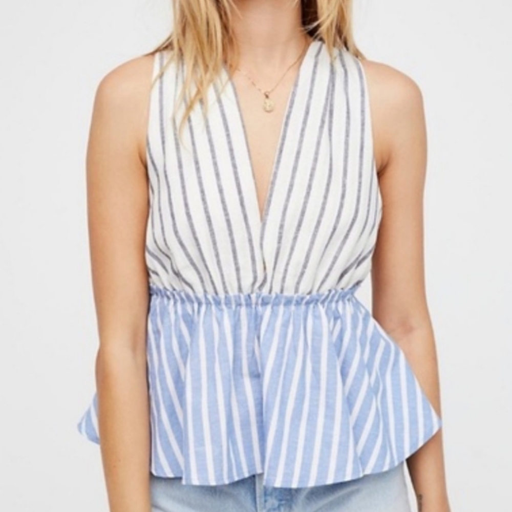 NEW Free People Lily White & Blue Striped Peplum Top Sixe XS